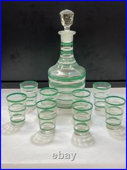 Vintage Hand-Blown Green Banded Glass Decanter with 8 Cordial Glasses Barware Set