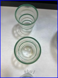 Vintage Hand-Blown Green Banded Glass Decanter with 8 Cordial Glasses Barware Set