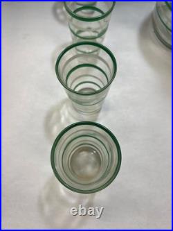 Vintage Hand-Blown Green Banded Glass Decanter with 8 Cordial Glasses Barware Set