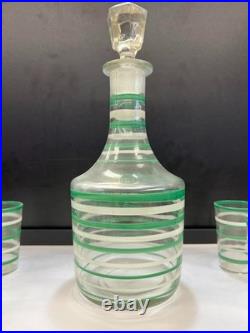 Vintage Hand-Blown Green Banded Glass Decanter with 8 Cordial Glasses Barware Set