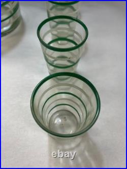 Vintage Hand-Blown Green Banded Glass Decanter with 8 Cordial Glasses Barware Set