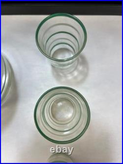 Vintage Hand-Blown Green Banded Glass Decanter with 8 Cordial Glasses Barware Set