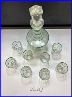 Vintage Hand-Blown Green Banded Glass Decanter with 8 Cordial Glasses Barware Set