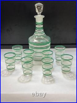 Vintage Hand-Blown Green Banded Glass Decanter with 8 Cordial Glasses Barware Set