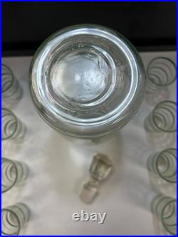 Vintage Hand-Blown Green Banded Glass Decanter with 8 Cordial Glasses Barware Set