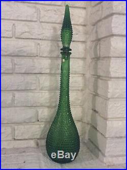 Vintage Hand Blown Green Glass Empoli Decanter Glass Genie Bottle Italy MCM