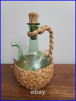 Vintage Hand Blown Italian Green Glass Wine Decanter W Ice Chamber & Basket! LUX