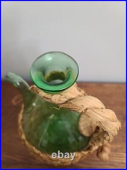 Vintage Hand Blown Italian Green Glass Wine Decanter W Ice Chamber & Basket! LUX