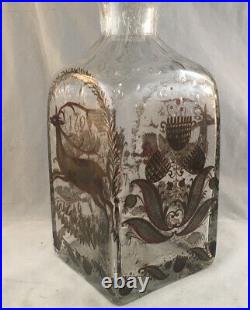 Vintage Hand Blown & Painted Stiegel Type Modern Glass Decanter Whiskey Set 1628