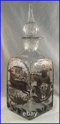 Vintage Hand Blown & Painted Stiegel Type Modern Glass Decanter Whiskey Set 1628