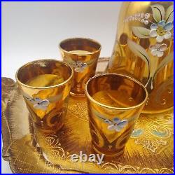 Vintage Hand Painted Amber Gold Salviati Murano Venetian Glass Decanter Set Tray