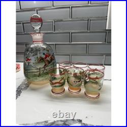 Vintage Hand Painted Fox Hunt Glass Decanter Set with 6 Shot Glasses Equestrian
