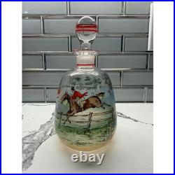 Vintage Hand Painted Fox Hunt Glass Decanter Set with 6 Shot Glasses Equestrian