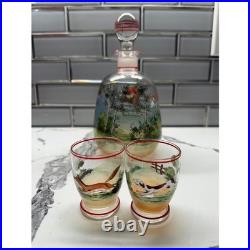 Vintage Hand Painted Fox Hunt Glass Decanter Set with 6 Shot Glasses Equestrian
