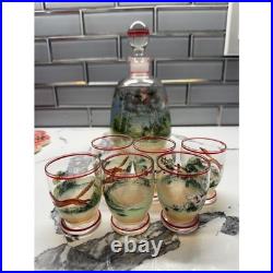 Vintage Hand Painted Fox Hunt Glass Decanter Set with 6 Shot Glasses Equestrian