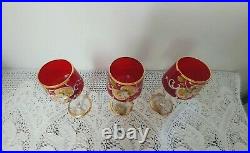 Vintage Hand Painted Ruby Red Venetian Glass Decanter with 3 Glasses