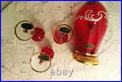 Vintage Hand Painted Ruby Red Venetian Glass Decanter with 3 Glasses