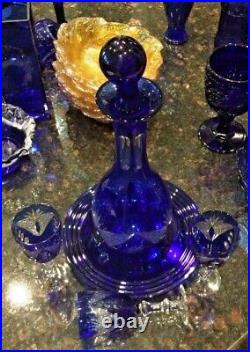 Vintage Handblown Cut to Clear Cobalt Bohemian Art Glass Decanter/3 Cordials