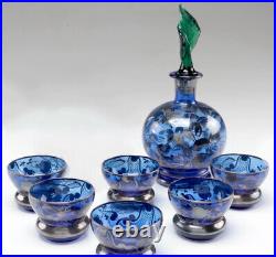 Vintage Handblown Glass Decanter Set with Silver Overlay & Green Petal Stopper