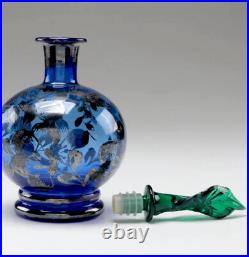 Vintage Handblown Glass Decanter Set with Silver Overlay & Green Petal Stopper