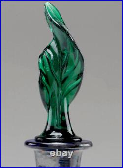 Vintage Handblown Glass Decanter Set with Silver Overlay & Green Petal Stopper