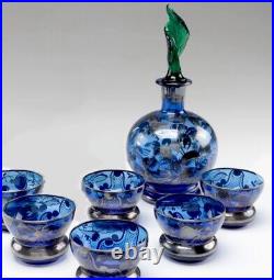 Vintage Handblown Glass Decanter Set with Silver Overlay & Green Petal Stopper