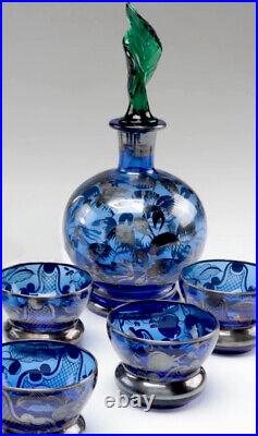 Vintage Handblown Glass Decanter Set with Silver Overlay & Green Petal Stopper