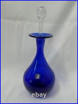 Vintage Handmade Blenko 10 Cobalt Blue Crackle Glass Decanter with Stopper