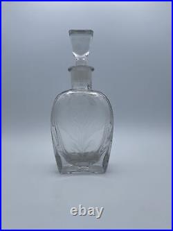 Vintage Heavy Clear Glass Whiskey Decanter Etched Ryegrass Sheaf- With Stopper