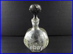 Vintage Heavy Cut Glass Etched Grapes Leaves Wine Decanter Sterling Stopper GOOD