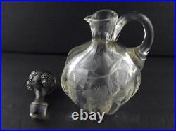 Vintage Heavy Cut Glass Etched Grapes Leaves Wine Decanter Sterling Stopper GOOD