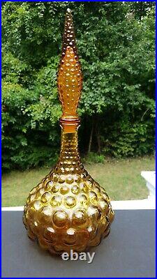 Vintage Hobnail Bubble Amber Genie Bottle Mid Century, Italy Decanter