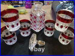 Vintage Hofbauer Ruby Red Flash Crystal Decanter With 6 Tumblers