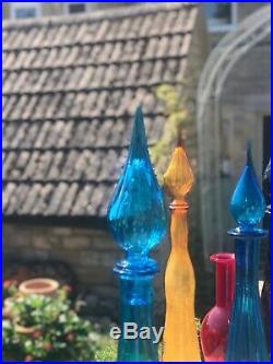 Vintage Huge Blue Ribbed Genie Bottle 1960s Italian Empoli Blue Mcm Decanter