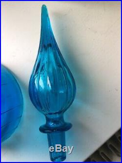 Vintage Huge Blue Ribbed Genie Bottle 1960s Italian Empoli Blue Mcm Decanter