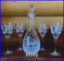 Vintage Hungarian Crystal Wine Decanter With 4 Glasses Etched Deer Pheasants