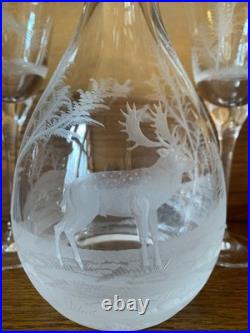 Vintage Hungarian Crystal Wine Decanter With 4 Glasses Etched Deer Pheasants