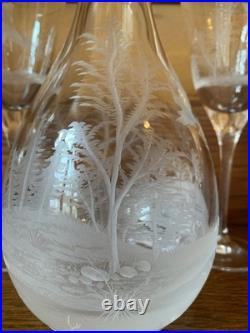 Vintage Hungarian Crystal Wine Decanter With 4 Glasses Etched Deer Pheasants