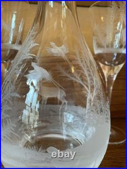 Vintage Hungarian Crystal Wine Decanter With 4 Glasses Etched Deer Pheasants