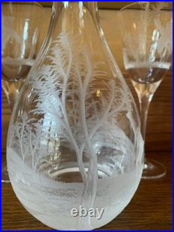 Vintage Hungarian Crystal Wine Decanter With 4 Glasses Etched Deer Pheasants