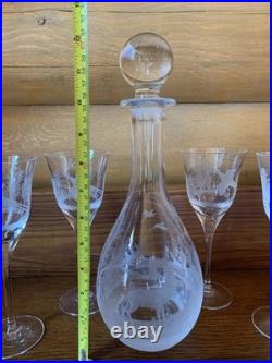 Vintage Hungarian Crystal Wine Decanter With 4 Glasses Etched Deer Pheasants