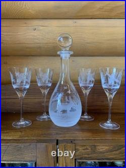 Vintage Hungarian Crystal Wine Decanter With 4 Glasses Etched Deer Pheasants