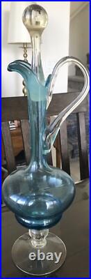 Vintage Ice Blue Empoli Art Glass Decanter, MCM 1970's Swan Handle Made In Italy