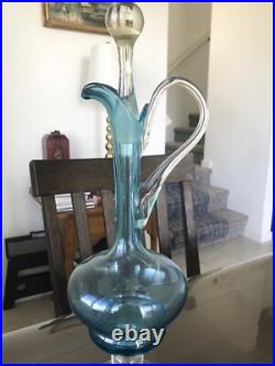 Vintage Ice Blue Empoli Art Glass Decanter, MCM 1970's Swan Handle Made In Italy