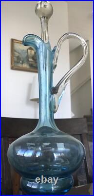 Vintage Ice Blue Empoli Art Glass Decanter, MCM 1970's Swan Handle Made In Italy