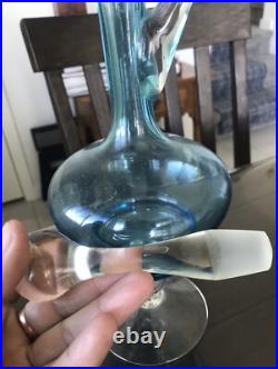 Vintage Ice Blue Empoli Art Glass Decanter, MCM 1970's Swan Handle Made In Italy