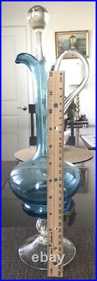 Vintage Ice Blue Empoli Art Glass Decanter, MCM 1970's Swan Handle Made In Italy