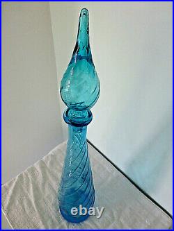 Vintage Ice Blue Tall Glass Genie / Chemists Bottle 60s Italian Decanter 64cm