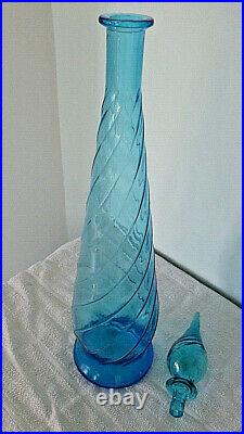 Vintage Ice Blue Tall Glass Genie / Chemists Bottle 60s Italian Decanter 64cm