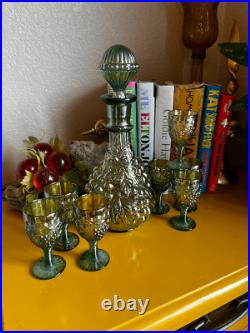 Vintage Imperial Carafe Green Carnival Glass Grape Decanter withGoblets